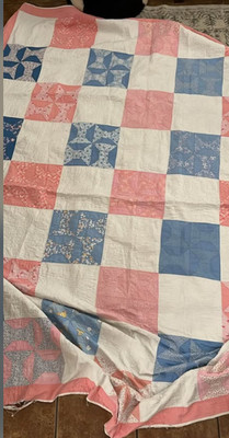 Vintage Hand Crafted & Quilted Bow Tie Pink Blue Quilt