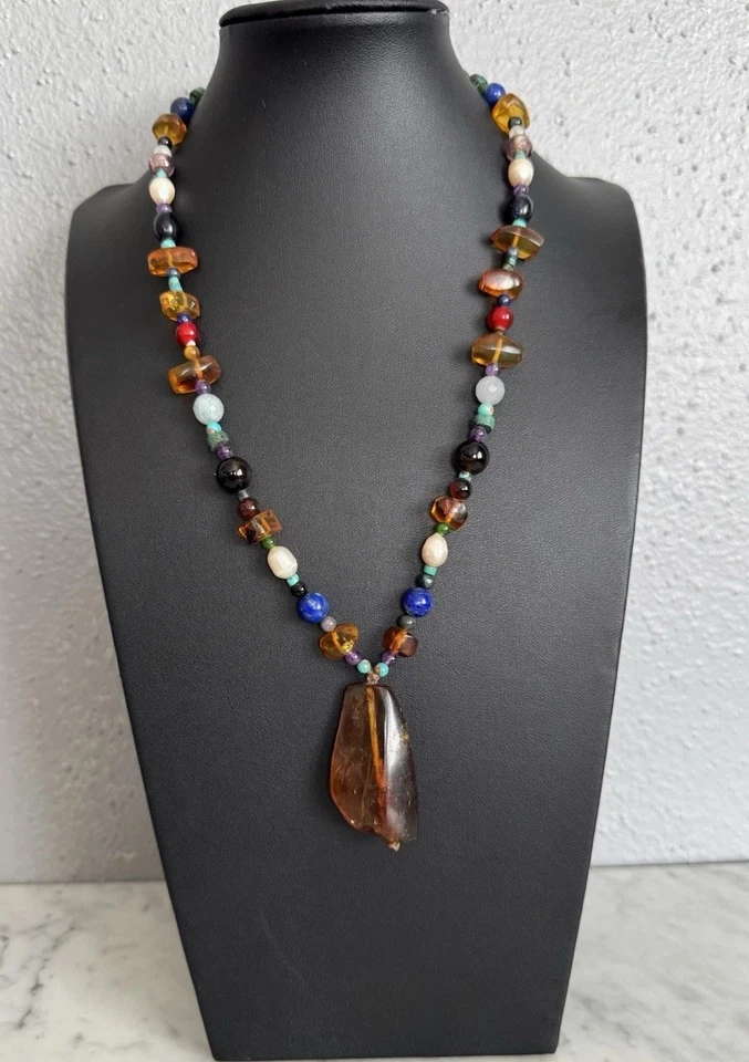 Vintage Amber, Stone, Glass & Pearl Bead Genuine Amber Pendant Necklace 21" - Image 2 of 4