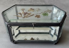 Vintage Beveled Glass Hexagonal Trinket Jewelry Box Dried Flowers Hinged Lid