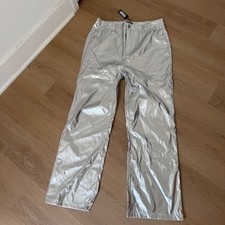 NWT PrettyLittleThing Plus Size Silver Metallic Coated Straight Leg Pants 14