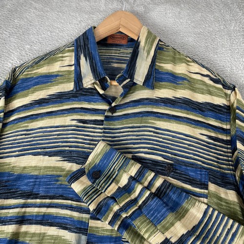 Missoni, Vintage Missoni Button Up Shirt Mens Large Blue Green Ikat Striped Long Sleeve