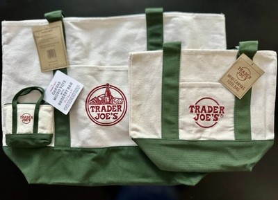 Trader Joe's Canvas Tote Bag Set 3-Piece Micro Mini Standard Green Beige