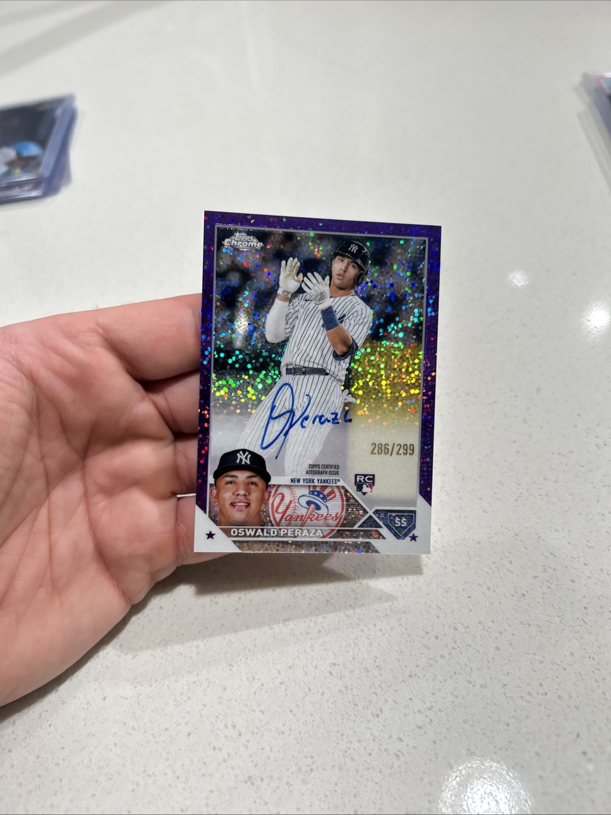 2023 Topps Chrome Rookie RC Purple Speckle Auto Oswald Peraza /299 On Card RA-OP