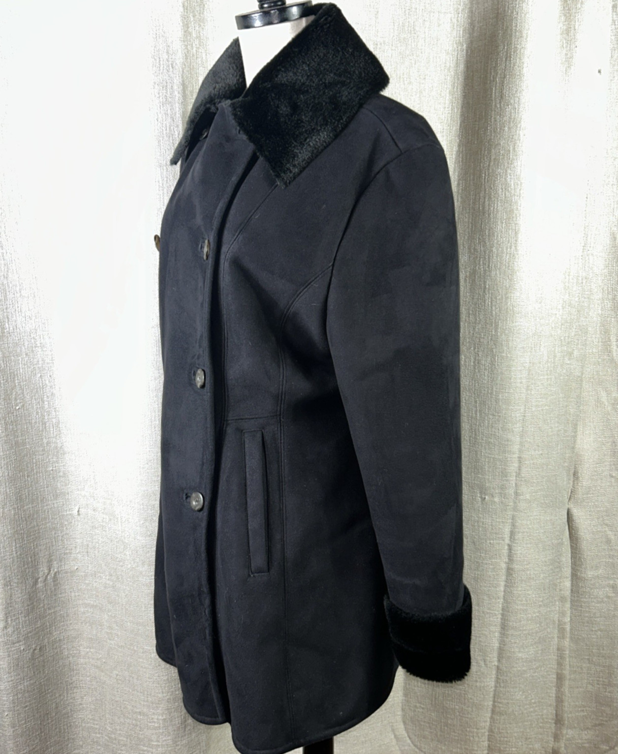 Calvin Klein Womens Vintage Y2K Faux Suede & Fur Pea Coat Black Size Small thumbnail 6