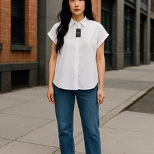 Lauren Ralph Lauren Donna Camicia XL Bianco Lino Manica Corta con Bottoni Aperto