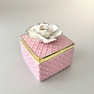 Pink Floral Porcelain Trinket Box Rose Lid European Style Jewelry Case
