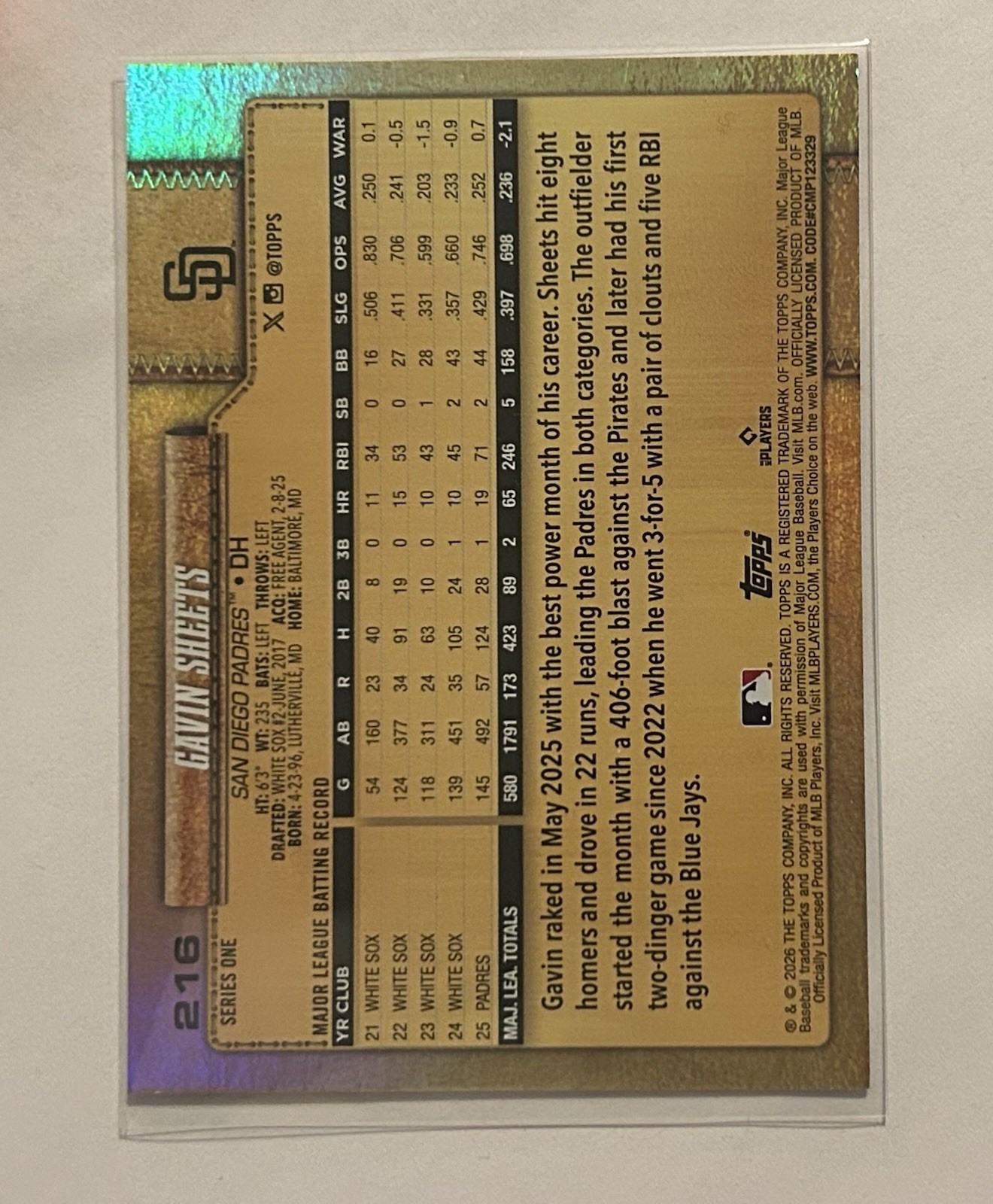 Gavin Sheets 2026 Topps Series 1 Golden Mirror Variation SP #216 Padres