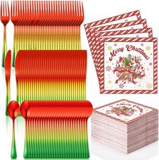 200 Pcs Christmas Plastic Silverware Disposable Red and Green Plastic Utensils