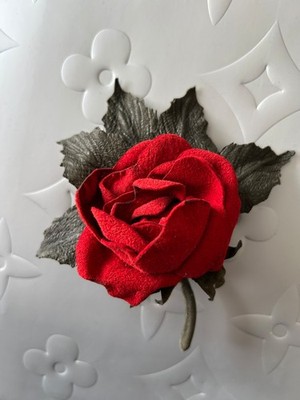 Handmade Red Rose Bud Leather Flower with Leaves Brooch 