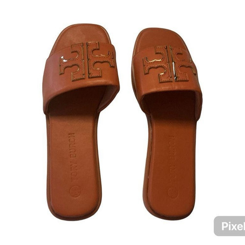 Tory Burch Women’s Brown Leather Logo Slide Flat Slip-On Sandals Solid US 10.5 - Picture 1 of 2
