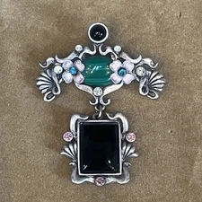 Sweet Romance Silver Tone Brooch Made in USA  Green & Black Detailing