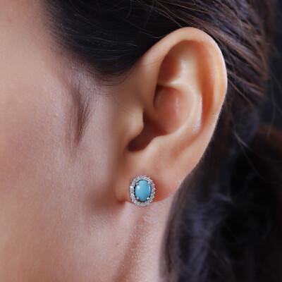 Sleeping Beauty Turquoise Studs, Oval Halo Earrings, December