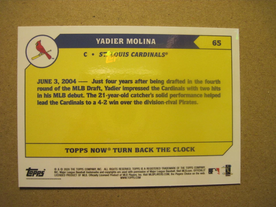 2020 Topps NOW Turn Back The Clock Yadier Molina #65 - Image 2 of 2
