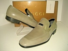 New GUCCI Men US 10 UK 9.5 Moss Green Leather Logo Silver Plate Loafers Shoes BX