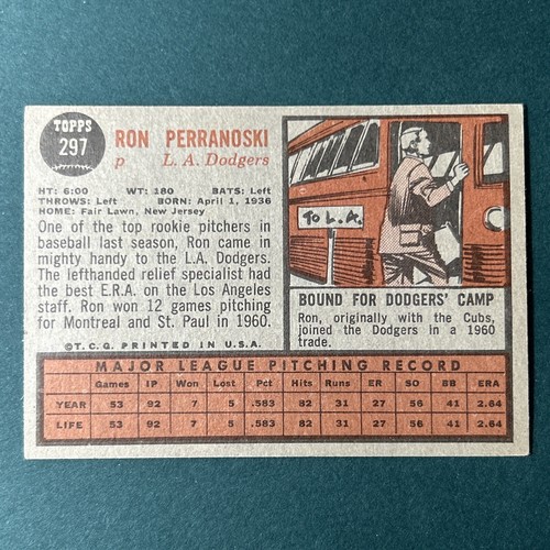 1962 Topps #297 Ron Perranoski EX LA Dodgers - Picture 7 of 7
