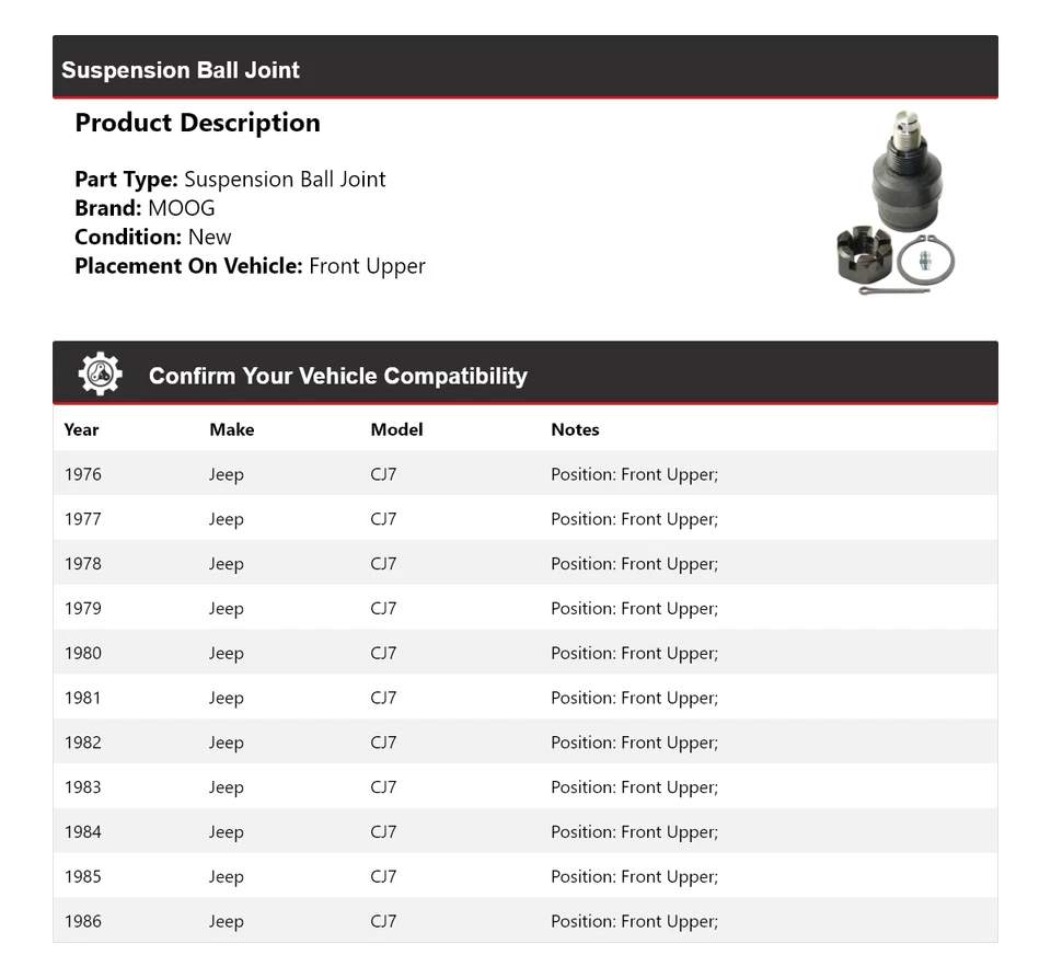 Rótula de suspensión delantera superior MOOG 1976-1986 Jeep CJ7 1976 1977 1978 Foto 2 de 4