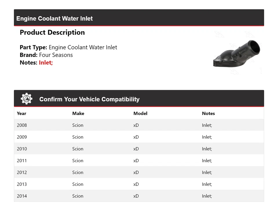 Entrada de agua refrigerante motor Scion xD 2008-2014 4 estaciones 2009 2010 2011 2012 Foto 2 de 4