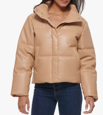 Levi's Women's Faux Leather Short Puffer Jacket Coat Biscotti Large NWT