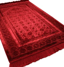 Turkish Islamic Velvet Prayer Rug Sajadah Floral Stamp Luxury Plush Red