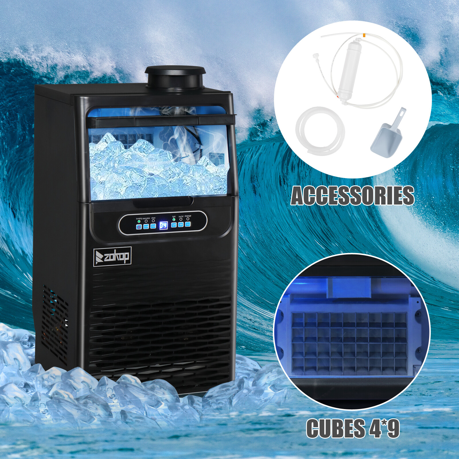 ZOKOP 90Lbs Freestand Commercial Home Hotel Ice Maker Machine Cube Bar