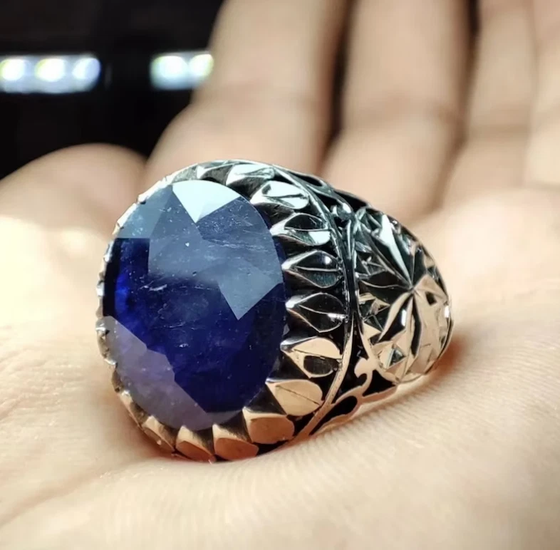 Natural Sapphire Ring 925 Sterling Silver Mens Blue Sapphire Ring Neelam Ring