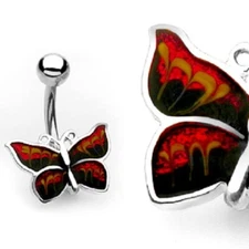 Butterfly Belly Button Ring Pierced Navel CZ Paved Surgical Steel Piercing Red