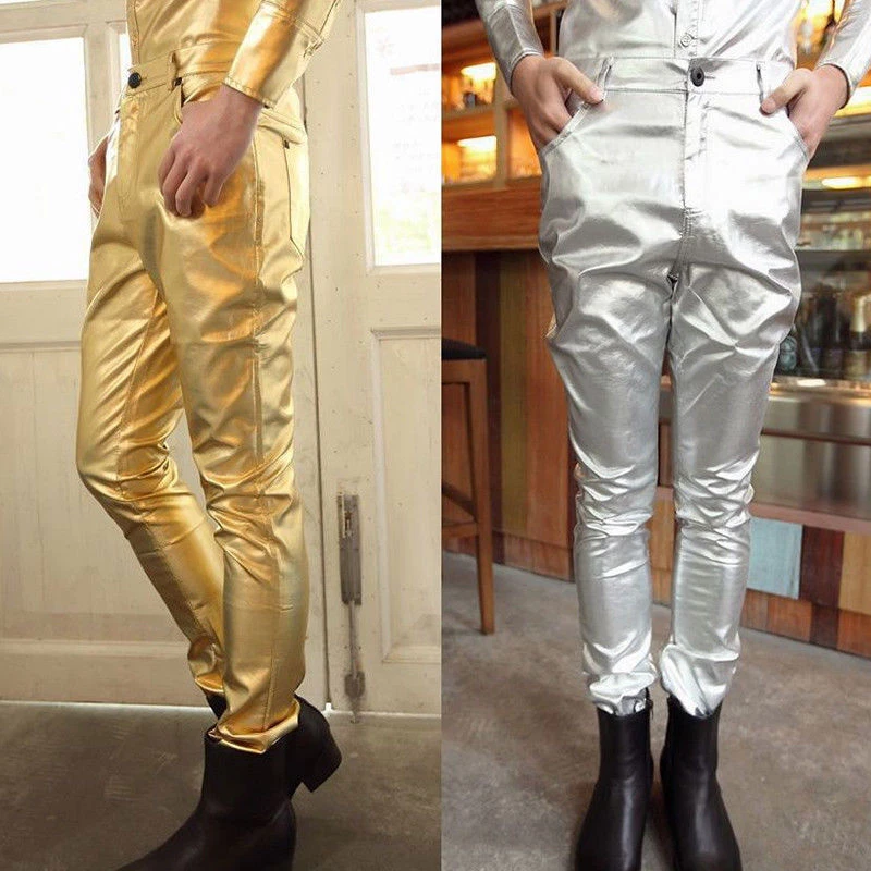 Pantalones de motociclista de cuero sintético para hombres Pantalones de escenario de aspecto húmedo Metálicos Brillantes Ajustados Moda Foto 2 de 4
