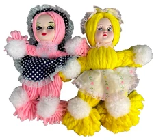 Vintage Yarn Doll Retro 1960s Flocked Fabric Molded Face Hand painted Yarn Hair