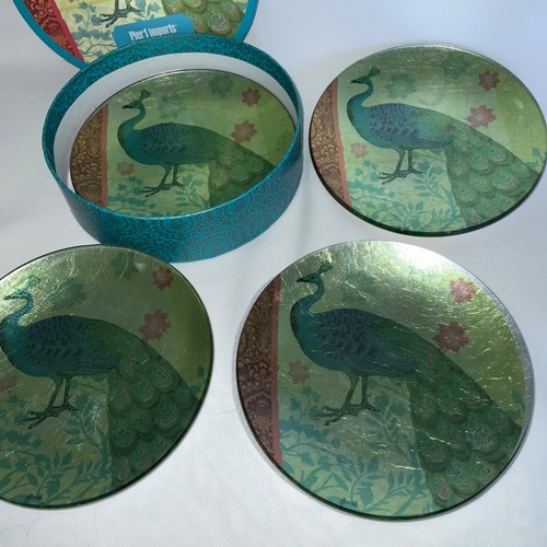 4 Pier 1 Peacock Appetizer Playes New in Box Foiled Shiny Gold Silver 6 inch - Picture 5 of 11