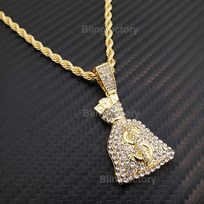 Hip Hop Iced Rapper's Money Bag Pendant & 4mm 24