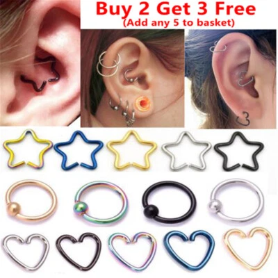 Surgical Steel Nose Lip Cartilage Helix Ear Heart Star Circle Piercing Hoop - Image 1 of 4