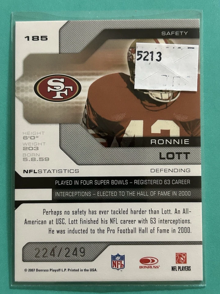 Ronnie Lott 2007 Leaf Limited Silver Foil #’d 224/249 San Francisco 49’ers - Image 3 of 3