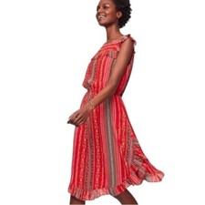 Loft Sleeveless Red Floral Round Hem Ruffle Midi Dress Medium