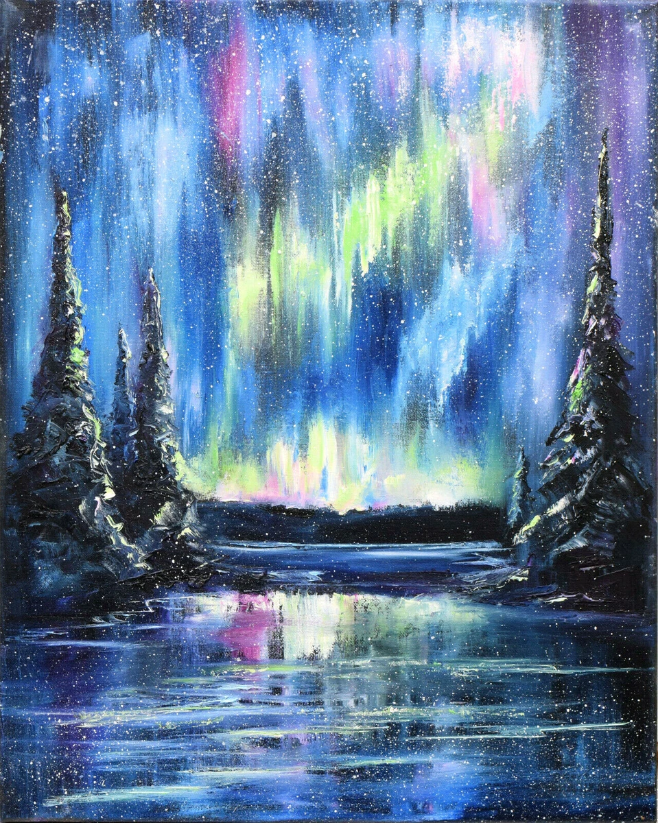 Winter Landscape, Original Northern Lights Painting, Christmas