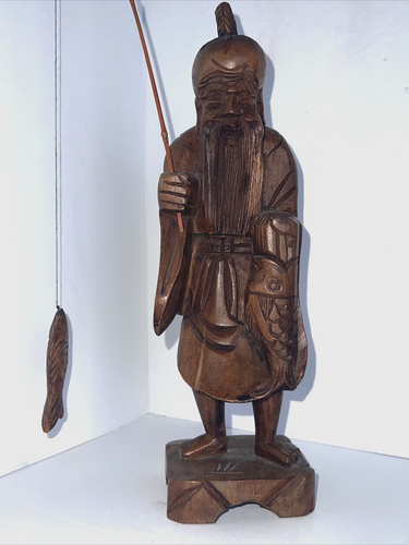 Chinese Hand Carved Fisherman 8" Asian Oriental Figure Statue Taiwan 60s Vintage - Picture 4 of 11