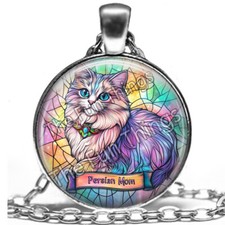 Persian Cat Mom Gift Necklace Faux Stained Glass Art Cat Lover Owner Mom Gift
