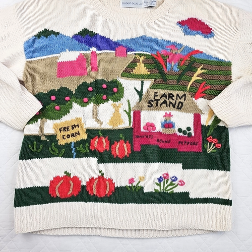 VTG Robert Scott Ltd Farm Stand Knit Scene Sweater Fruit and Farmer Size L - Picture 2 of 11