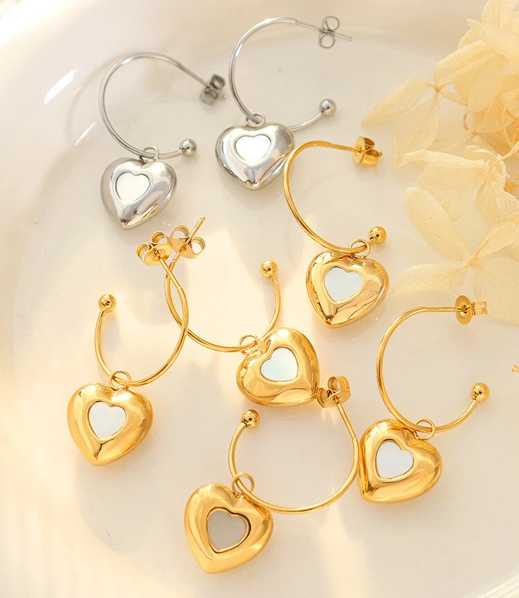 Ohrstecker Halbcreolen mit Anhänger Herz Perlmutt Edelstahl Damen Ohrringe - Bild 3 von 4