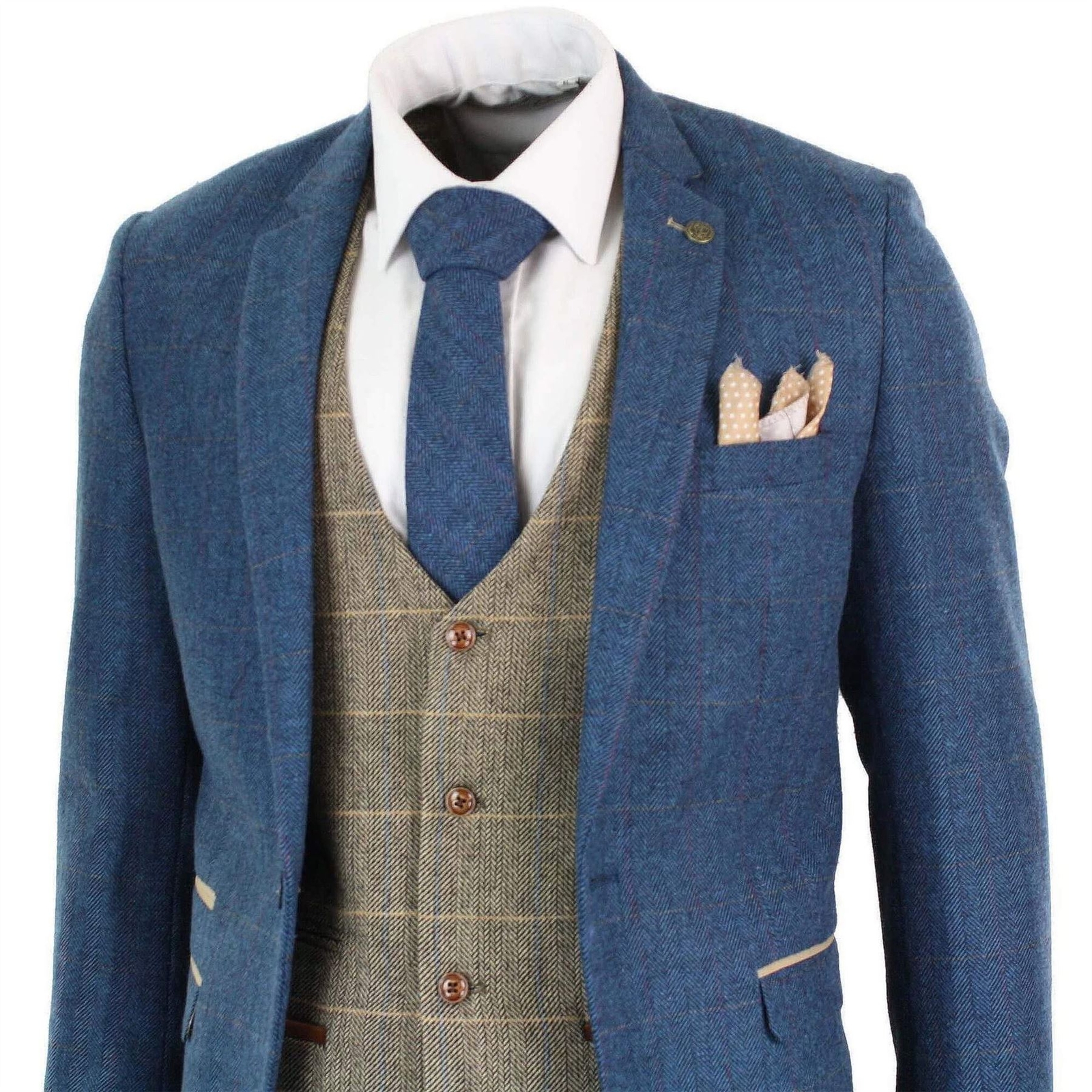 Mens Blue Tan Brown 3 Piece Herringbone Tweed Check Vintage Tailored Fit Suit image 4
