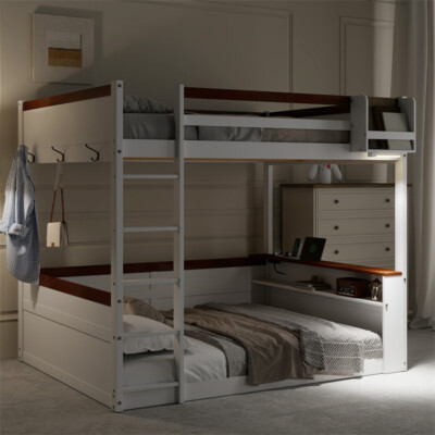 Queen Size Bunk Bed with Built-in Shelves,Storage Box,LED Light & USB Port White