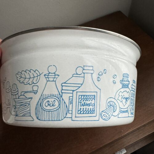 Vintage MCM White Enamel Pot w Lid Blue Kitchen Art Work Blue 4" tall x 8.5" dia - Picture 6 of 10