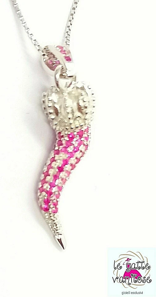 Collana con Corno cornetto  Portafortuna in Argento 925  Zirconi Rossi bombato - Immagine 2 di 4