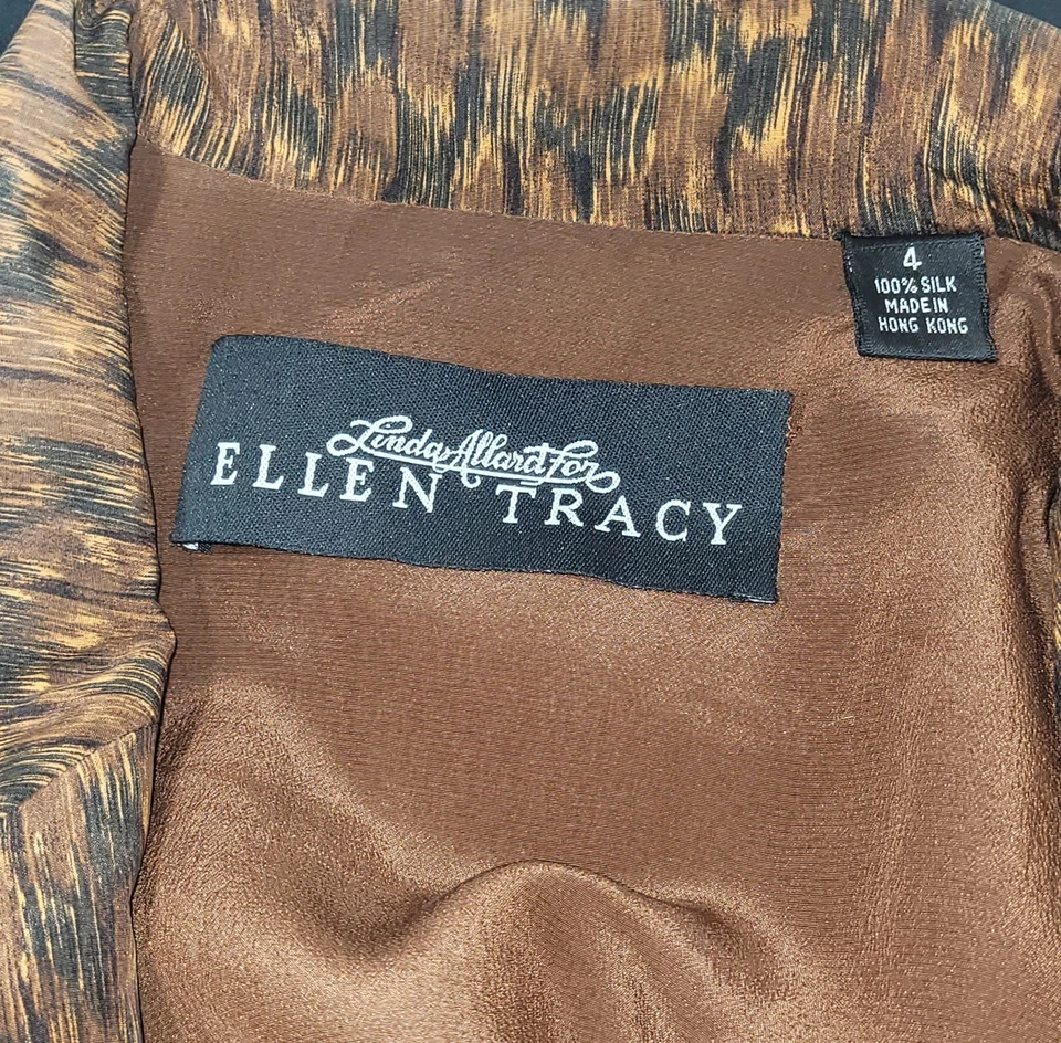 Ellen Tracy 100% шелк Blazer куртка Sz 4 коричневый черный печать наплечные подушечки винтажный - Изображение 4 из 4