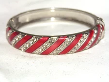 ...Silver Tone, Crystals, Red Enamel Hinged Bangle Bracelet...