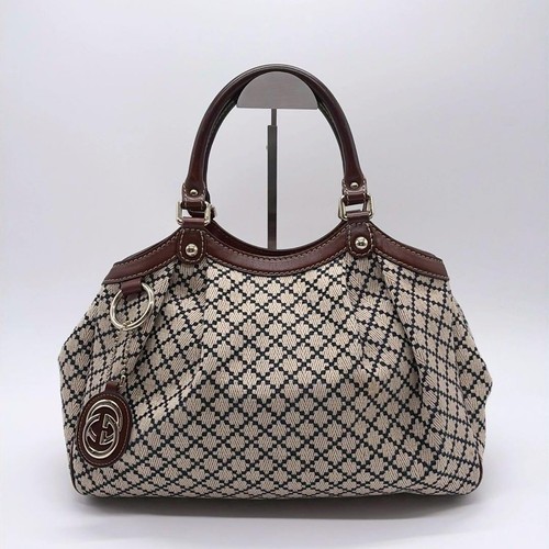 Gucci Sukey Diamante Tote Bag Brown Leather Canvas Handbag Pleated Interlocking