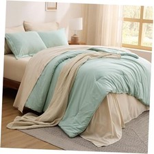 Comforter Set Sage Green, 7 Pieces Soft California King 01 - Sage Green/Beige