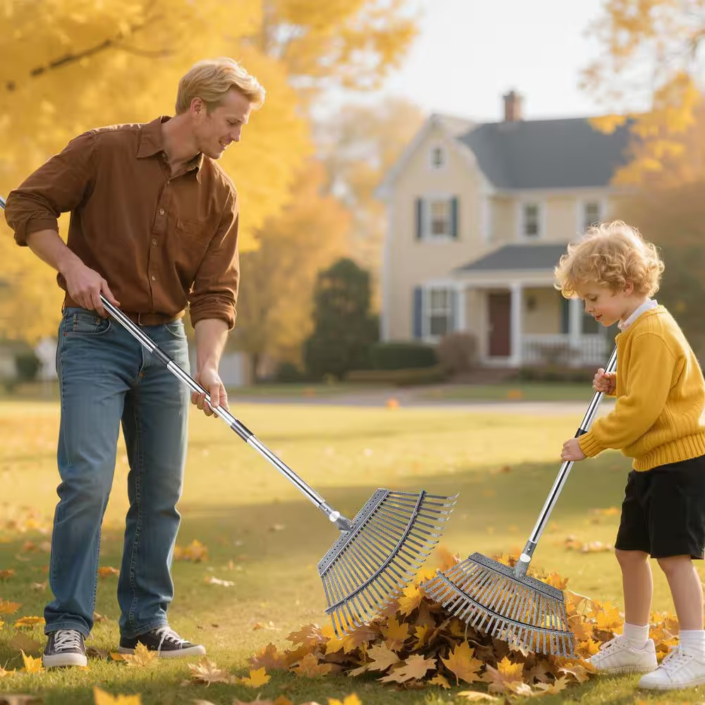 Leaf Rake, 25 Metal Tines, Adjustable Garden Rake for Lawns with 18.3 In. Wide H