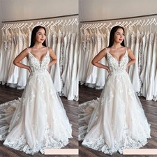 Boho Wedding Dresses Spaghetti Strap Lace Applique Sweep Train Bridal Gown