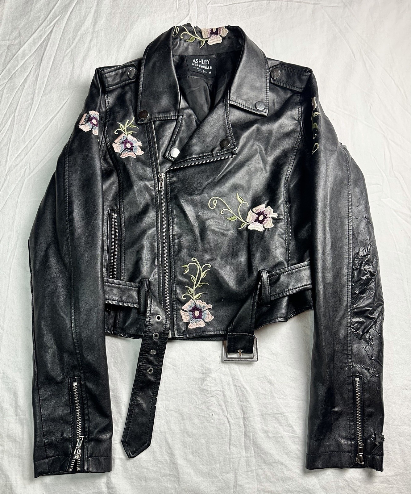 🖤 Floral Embroidered Moto Jacket Faux Leather Cropped Biker Grunge Boho M 🖤