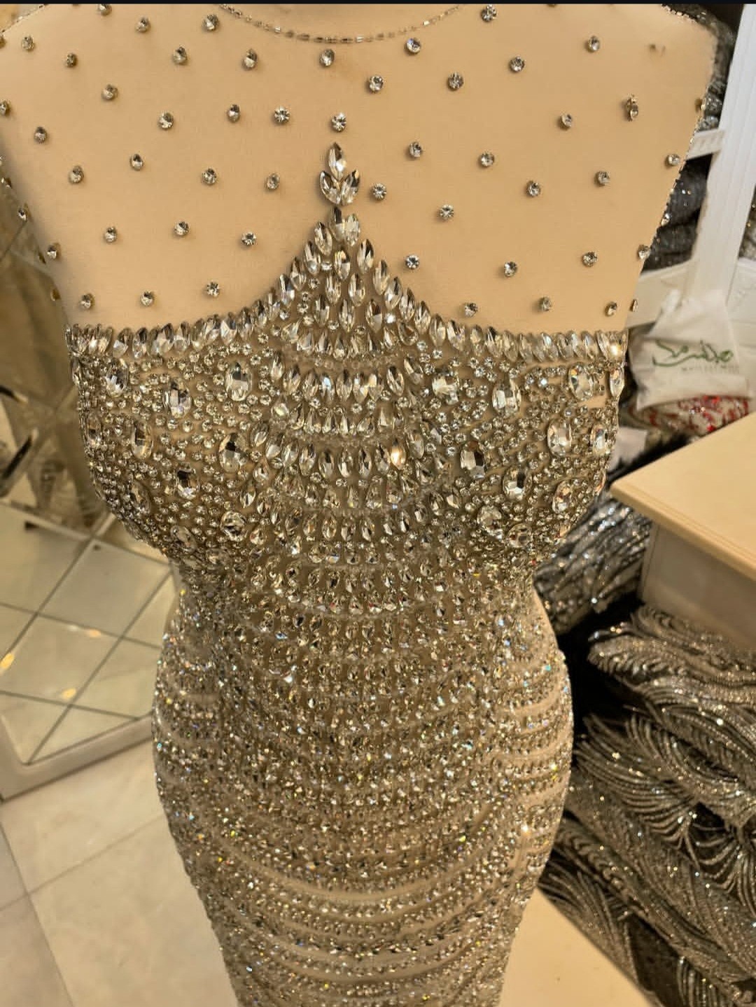 High-End Beaded Rhinestone Lace Fabric for Dress Front, Back & Sleeves